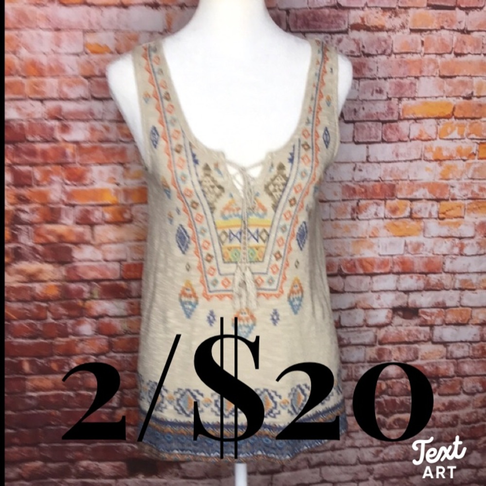 Almost Famous Tan Sleeveless Southwestern Lace Up Boho Blouse